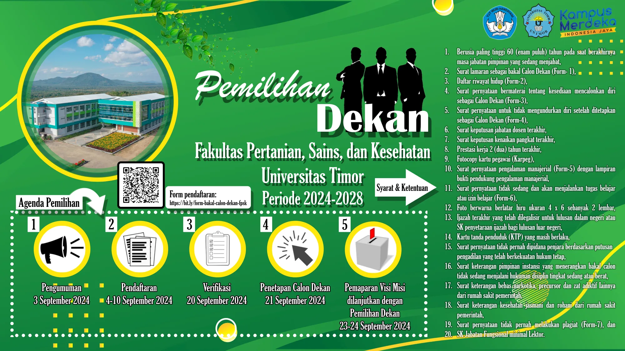 Pengumuman Penjaringan Calon Dekan Fakultas Pertanian, Sains dan Kesehatan Universitas Timor Periode 2024-2028